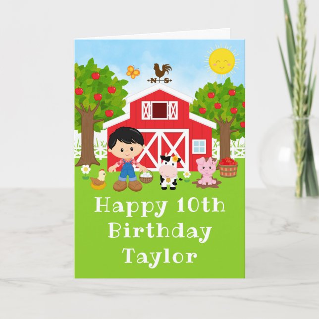 Farm Red Barn Black Hair Boy Happy Birthday Card (Front)