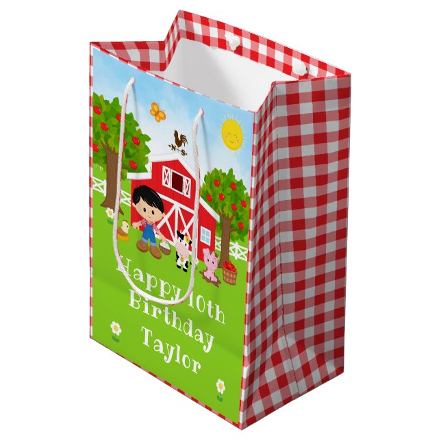Farm Red Barn Black Hair Boy Happy Birthday Medium Gift Bag (Front Angled)