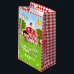 Farm Red Barn Black Hair Boy Happy Birthday Small Gift Bag<br><div class="desc">This cute and fun gift bag can be personalised with a name or title such as son, grandson, nephew, friend etc. It features a black hair boy with fair skin beside a red barn with a rooster wind vane. There are adorable farm animals such as a cow, pig and hen....</div>