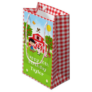 Farm Red Barn Black Hair Boy Happy Birthday Small Gift Bag