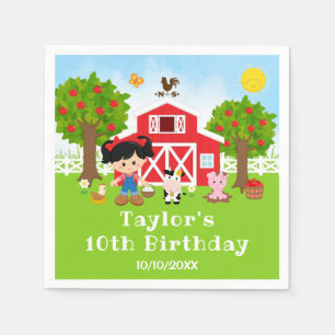 Farm Red Barn Black Hair Girl Birthday Party Napkin
