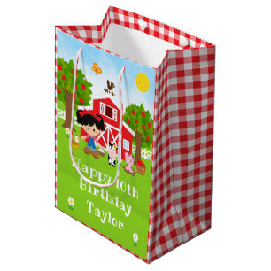 Farm Red Barn Black Hair Girl Happy Birthday Medium Gift Bag
