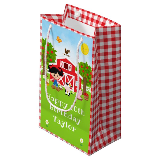 Farm Red Barn Black Hair Girl Happy Birthday Small Gift Bag (Front Angled)