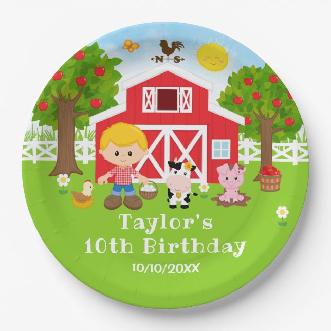 Farm Red Barn Blonde Hair Boy Birthday Party Paper Plate (Front)
