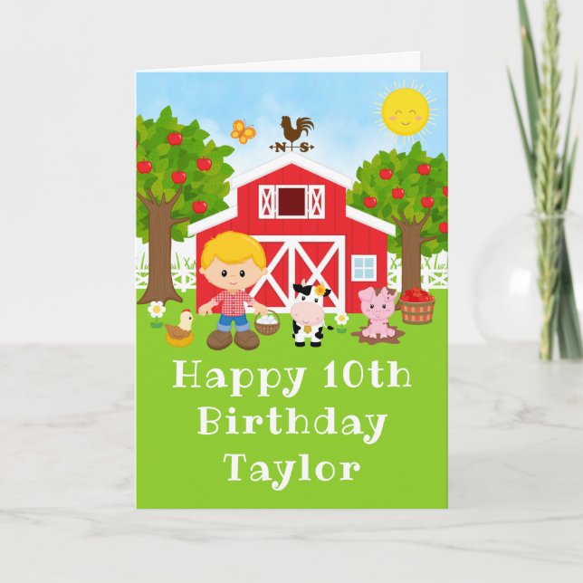 Farm Red Barn Blonde Hair Boy Happy Birthday Card (Front)