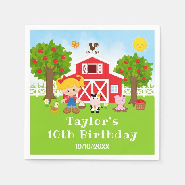 Farm Red Barn Blonde Hair Girl Birthday Party Napkin (Front)