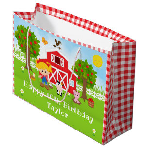 Farm Red Barn Blonde Hair Girl Happy Birthday Large Gift Bag