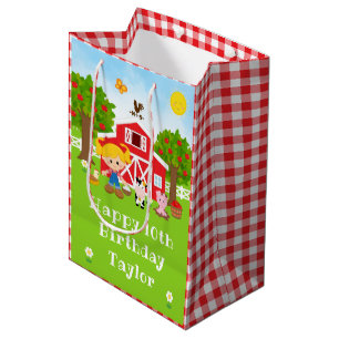 Farm Red Barn Blonde Hair Girl Happy Birthday Medium Gift Bag