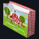 Farm Red Barn Brown Hair Boy Happy Birthday Large Gift Bag<br><div class="desc">This cute and fun gift bag can be personalised with a name or title such as son, grandson, nephew, friend etc. It features a brown hair boy with fair skin beside a red barn with a rooster wind vane. There are adorable farm animals such as a cow, pig and hen....</div>