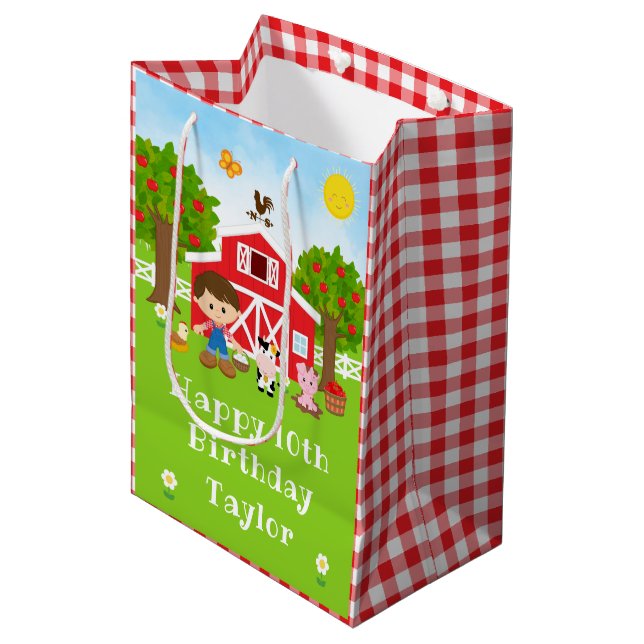 Farm Red Barn Brown Hair Boy Happy Birthday Medium Gift Bag (Front Angled)