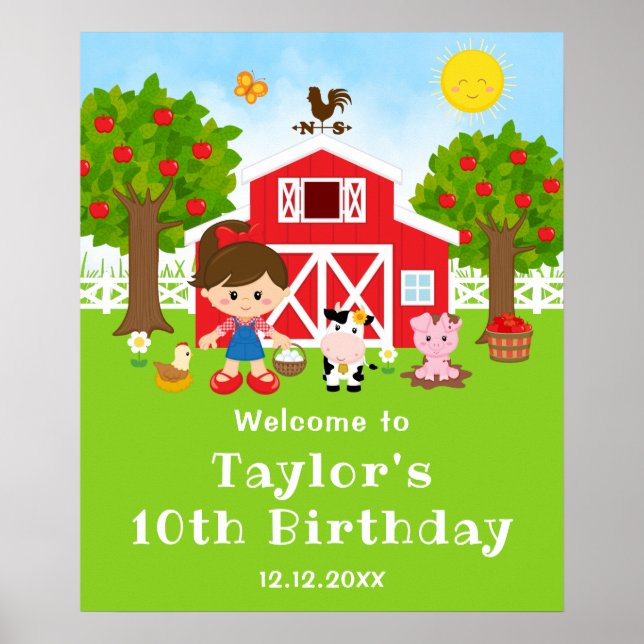 Farm Red Barn Brown Hair Girl Birthday Welcome Poster (Front)