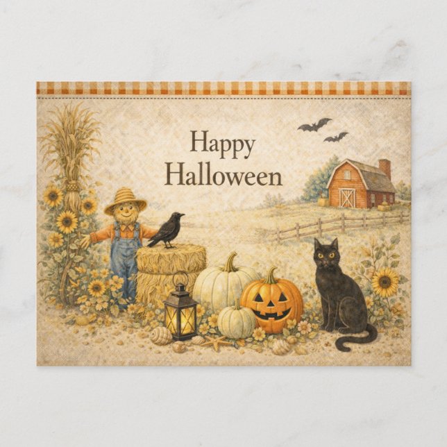 Farm Red Barn Halloween Holiday Postcard (Front)
