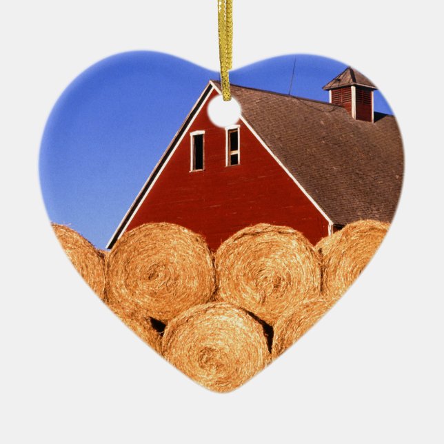 Farm Red Barn Hay Bales Ceramic Tree Decoration (Front)