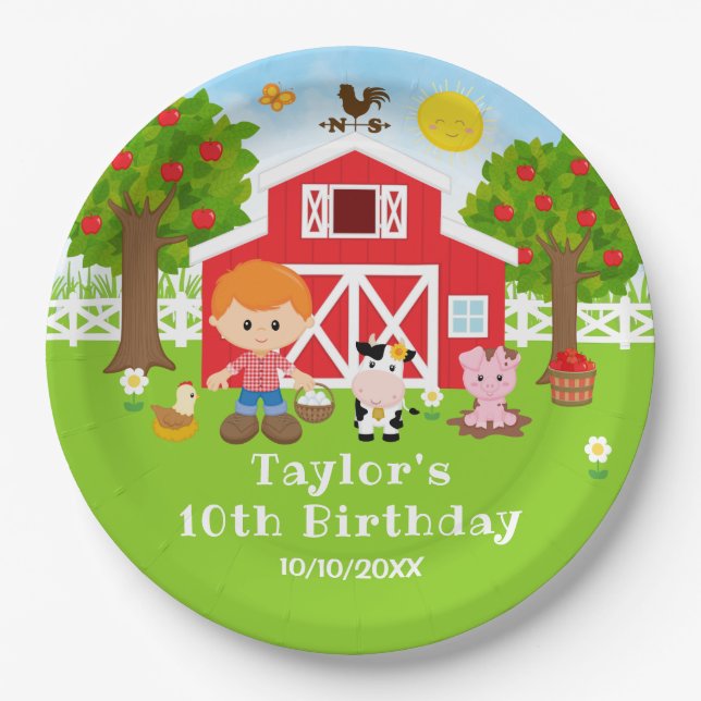 Farm Red Barn Red Hair Boy Birthday Party Paper Plate (Front)