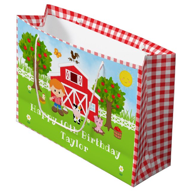 Farm Red Barn Red Hair Boy Happy Birthday Large Gift Bag (Front Angled)