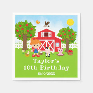 Farm Red Barn Red Hair Girl Birthday Party Napkin