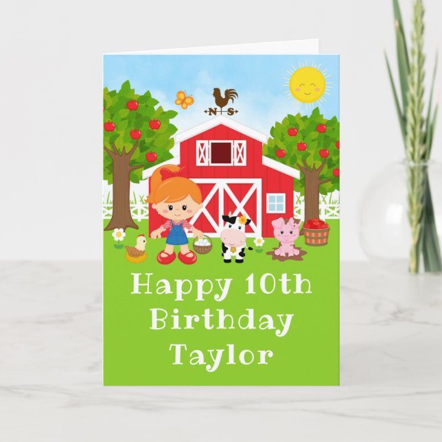 Farm Red Barn Red Hair Girl Happy Birthday Card (Front)