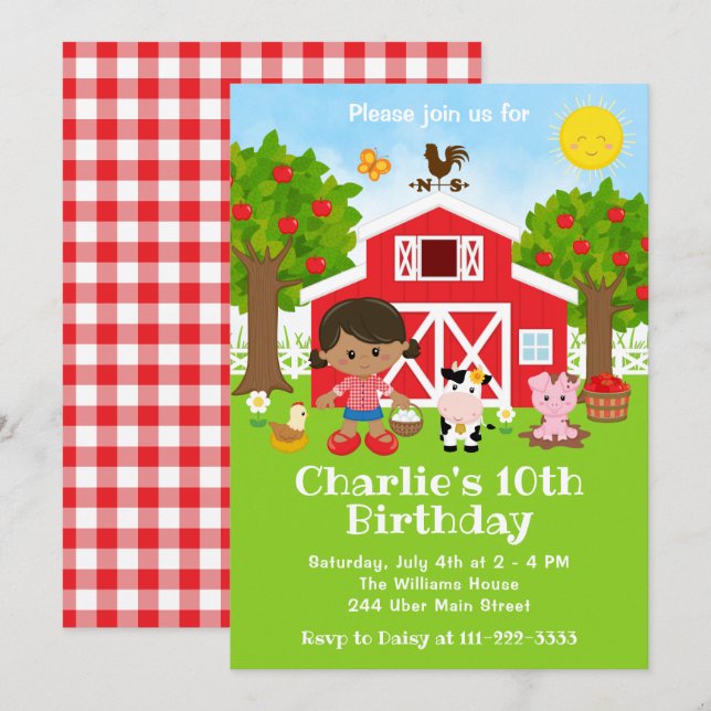 Farm Red Barnyard Birthday African American Girl Invitation (Front/Back)
