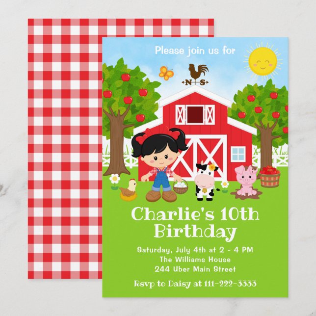 Farm Red Barnyard Birthday Black Hair Girl Invitation (Front/Back)