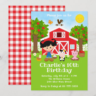 Farm Red Barnyard Birthday Black Hair Girl Invitation