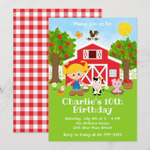 Farm Red Barnyard Birthday Blonde Hair Girl Invitation