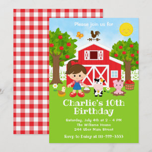 Farm Red Barnyard Birthday Brown Hair Girl Invitation