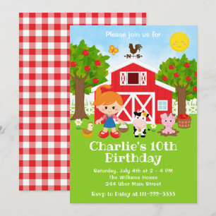 Farm Red Barnyard Birthday Red Hair Girl Invitation