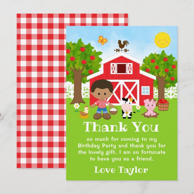 Farm Red Birthday African American Boy Thank You Card (Front/Back)