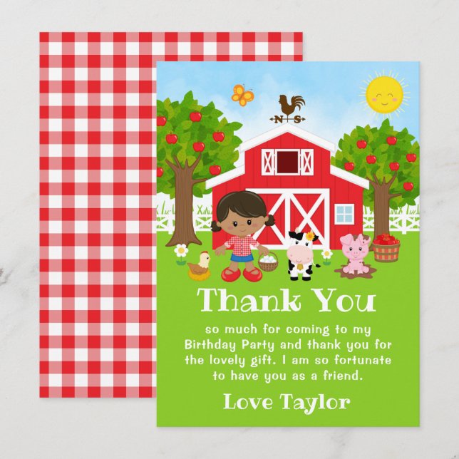 Farm Red Birthday African American Girl Thank You Card (Front/Back)