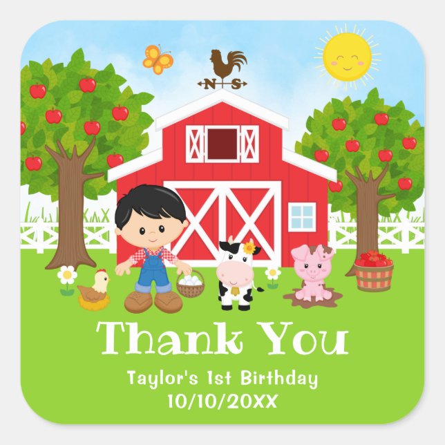 Farm Red Birthday Black Hair Boy Thank You Square Sticker (Front)