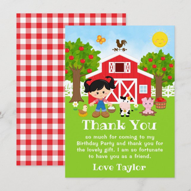 Farm Red Birthday Black Hair Girl Thank You Card (Front/Back)