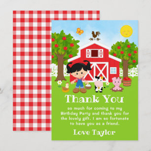 Farm Red Birthday Black Hair Girl Thank You Card