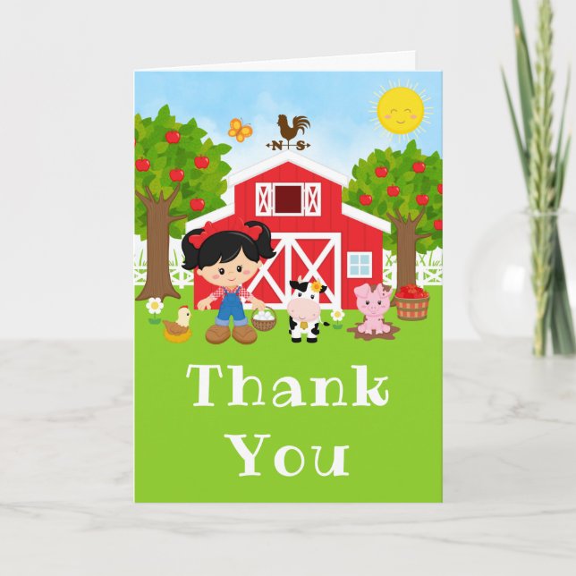 Farm Red Birthday Black Hair Girl Thank You Card (Front)