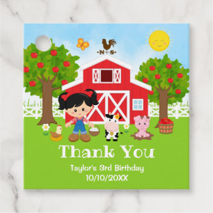 Farm Red Birthday Black Hair Girl Thank You Favour Tags