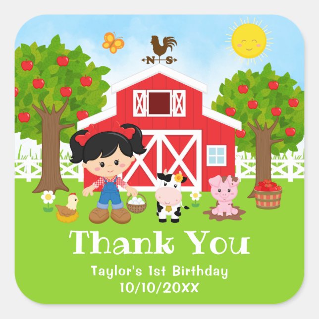 Farm Red Birthday Black Hair Girl Thank You Square Sticker (Front)