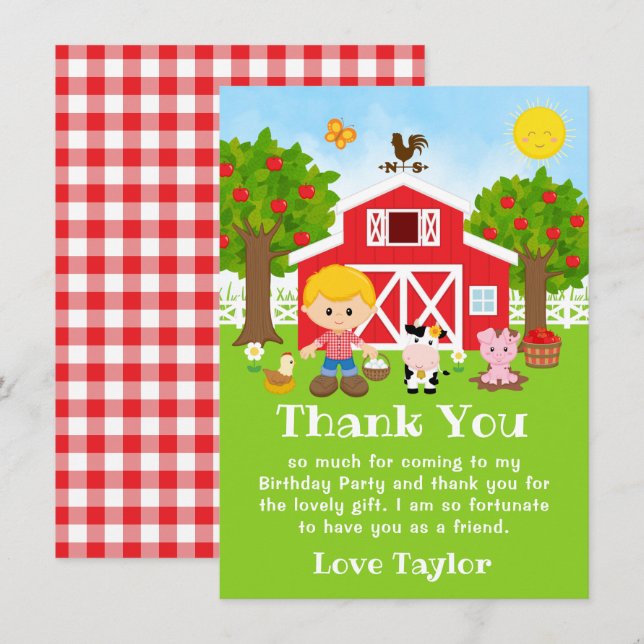 Farm Red Birthday Blonde Hair Boy Thank You Card (Front/Back)