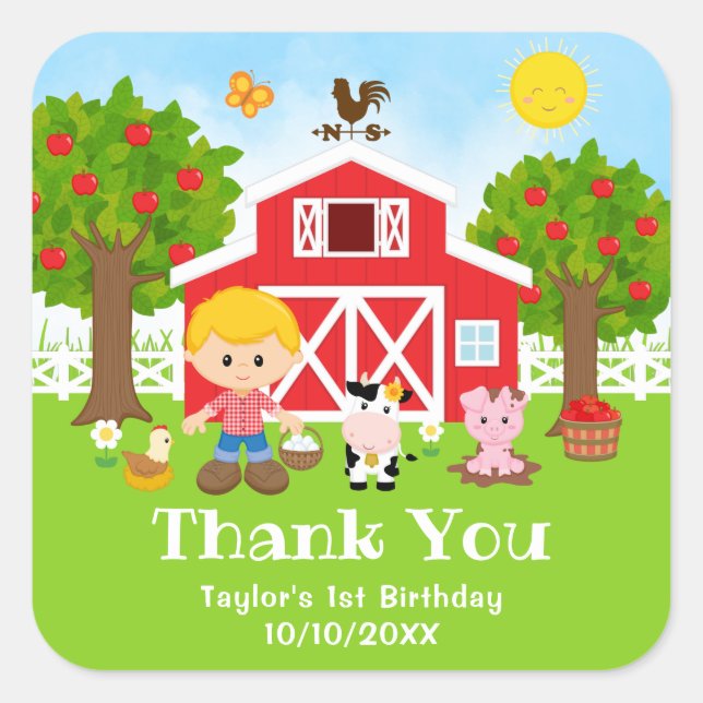 Farm Red Birthday Blonde Hair Boy Thank You Square Sticker (Front)