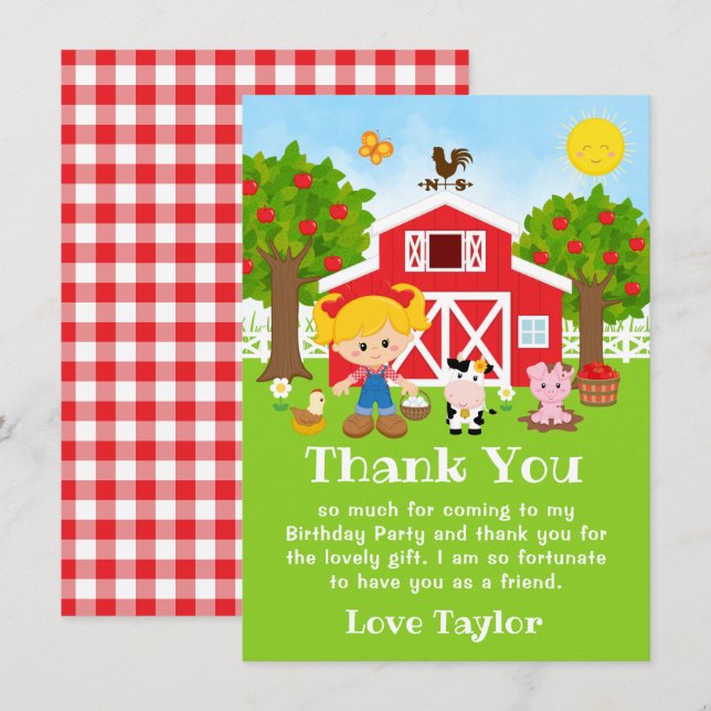 Farm Red Birthday Blonde Hair Girl Thank You Card (Front/Back)