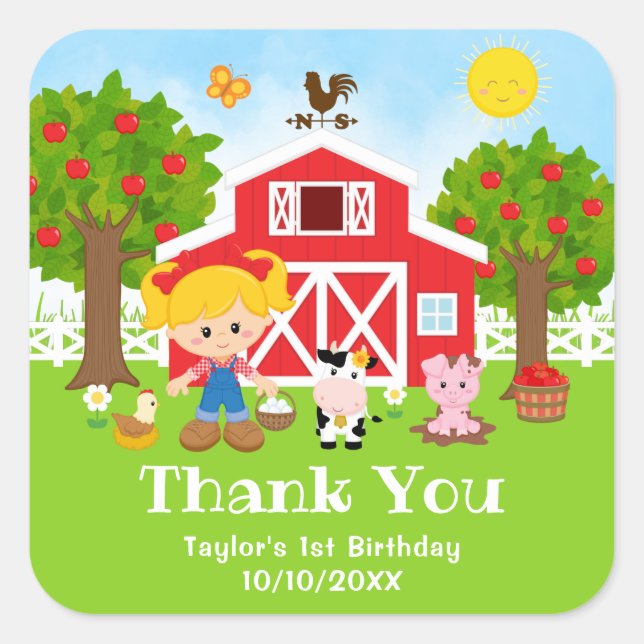 Farm Red Birthday Blonde Hair Girl Thank You Square Sticker (Front)