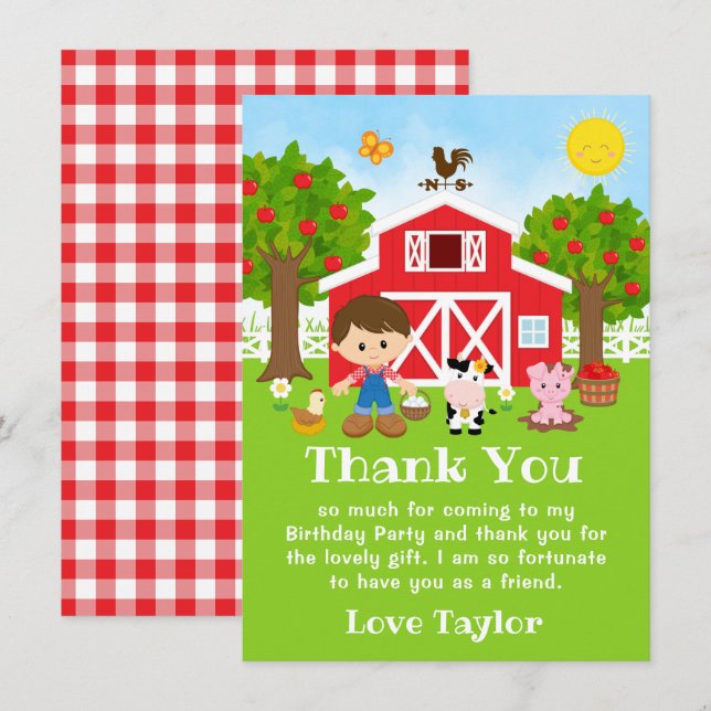 Farm Red Birthday Brown Hair Boy Thank You Card (Front/Back)