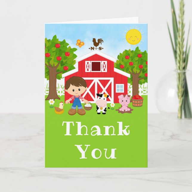 Farm Red Birthday Brown Hair Boy Thank You Card (Front)
