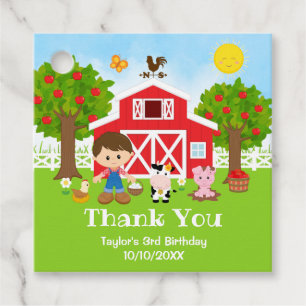 Farm Red Birthday Brown Hair Boy Thank You Favour Tags