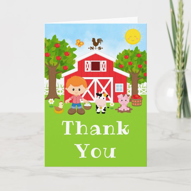 Farm Red Birthday Red Hair Boy Thank You Card (Front)