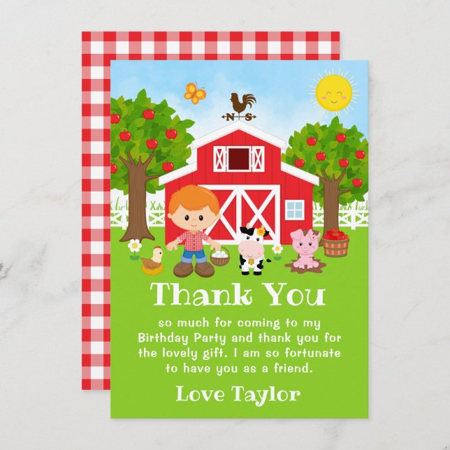 Farm Red Birthday Red Hair Boy Thank You Card (Front/Back)