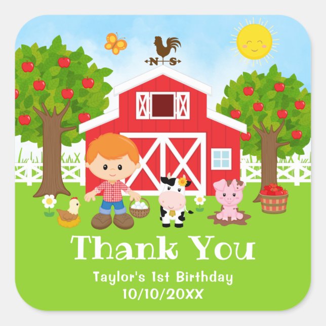 Farm Red Birthday Red Hair Boy Thank You Square Sticker (Front)