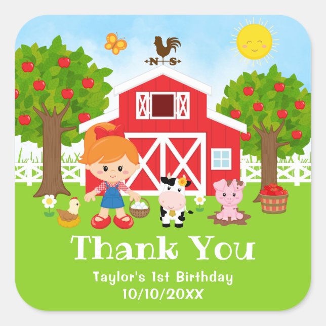 Farm Red Birthday Red Hair Girl Thank You Square Sticker (Front)