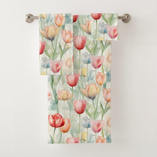 Farm Red Yellow Tulip Flowers Bridal Shower Bath Towel Set (Insitu)