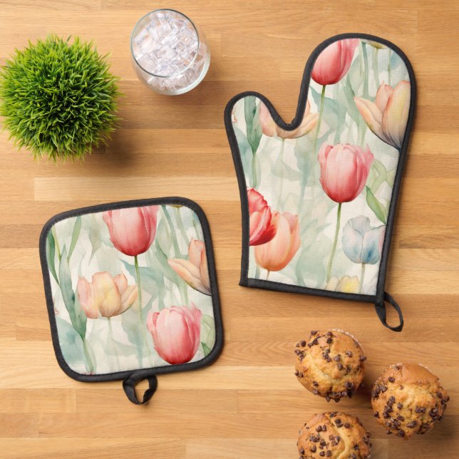 Farm Red Yellow Tulip Flowers Bridal Shower Oven Mitt & Pot Holder Set (Top Down)