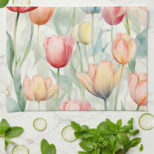 Farm Red Yellow Tulip Flowers Tea Towel