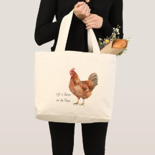Farm Roosters Chickens Flowers Large Tote Bag